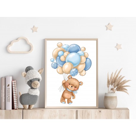 Affiche poster Bébé Enfant Ourson ballons bleu