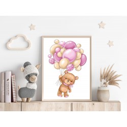 Affiche poster Bébé Enfant Ourson ballons rose