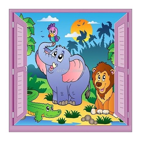 Sticker enfant fenêtre trompe l'oeil éléphant lion perroquet 912