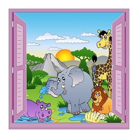 Sticker enfant fenêtre trompe l'oeil animaux safari 906