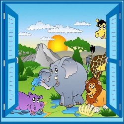 Sticker enfant fenêtre trompe l'oeil animaux safari 911