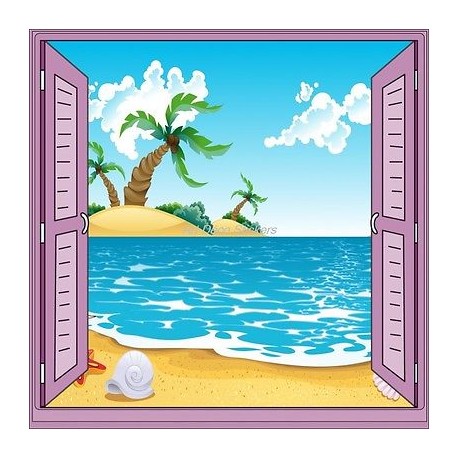 Sticker enfant fenêtre trompe l'oeil plage palmier 905