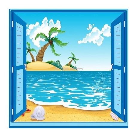 Sticker enfant fenêtre trompe l'oeil plage palmier 909