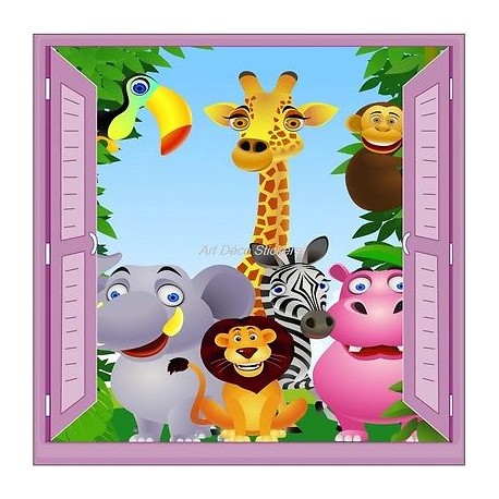 Sticker enfant fenêtre trompe l'oeil animaux de la jungle 903