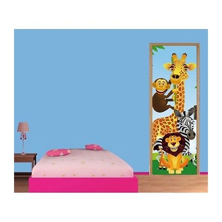 Papier peint porte enfant Girafe singe zèbre lion 702
