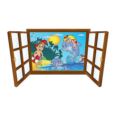 Sticker enfant fenêtre enfants et dauphins dans l'eau réf 3906